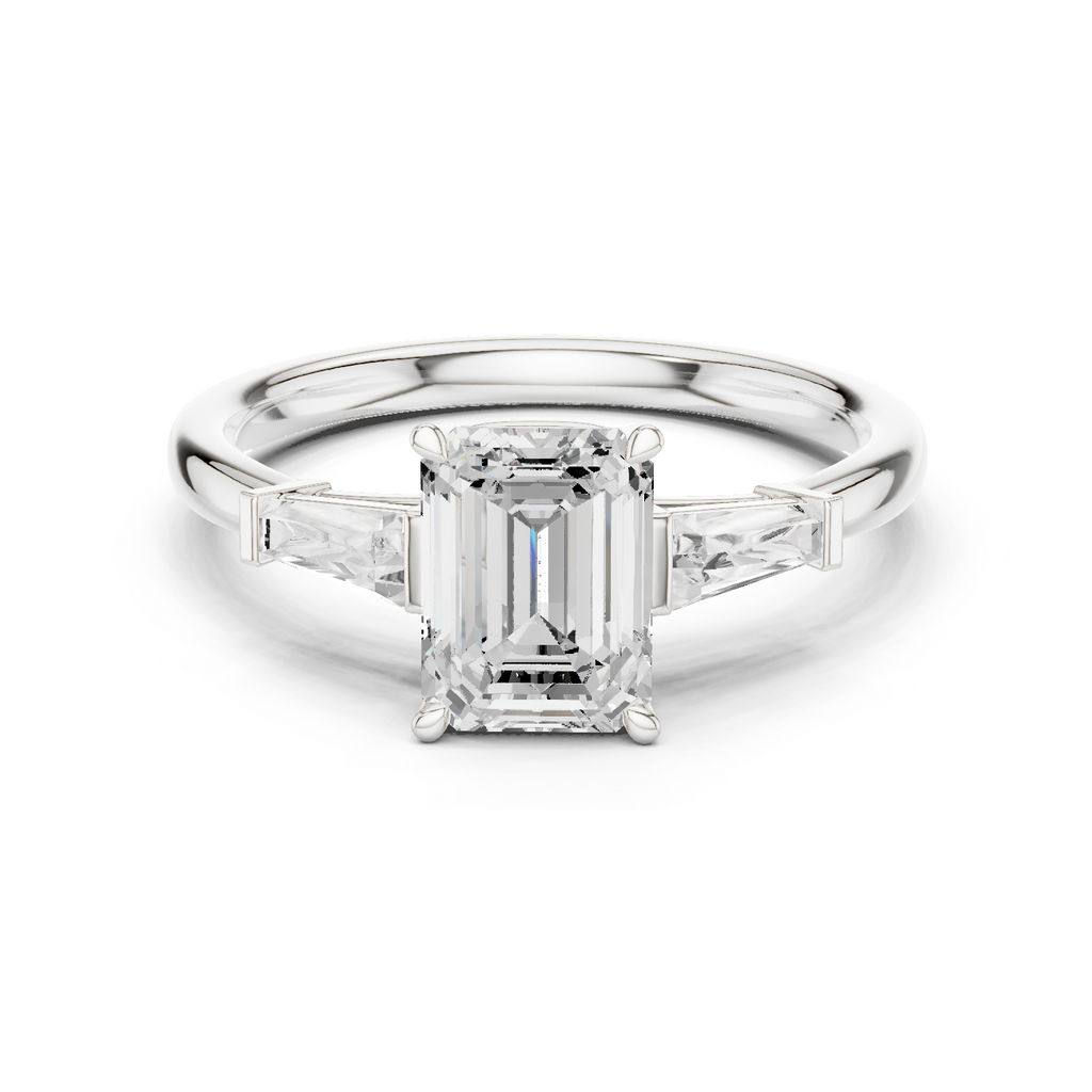 Emerald Cut Three Stone Diamond Engagement Ring with Tapered Baguette Side Stones