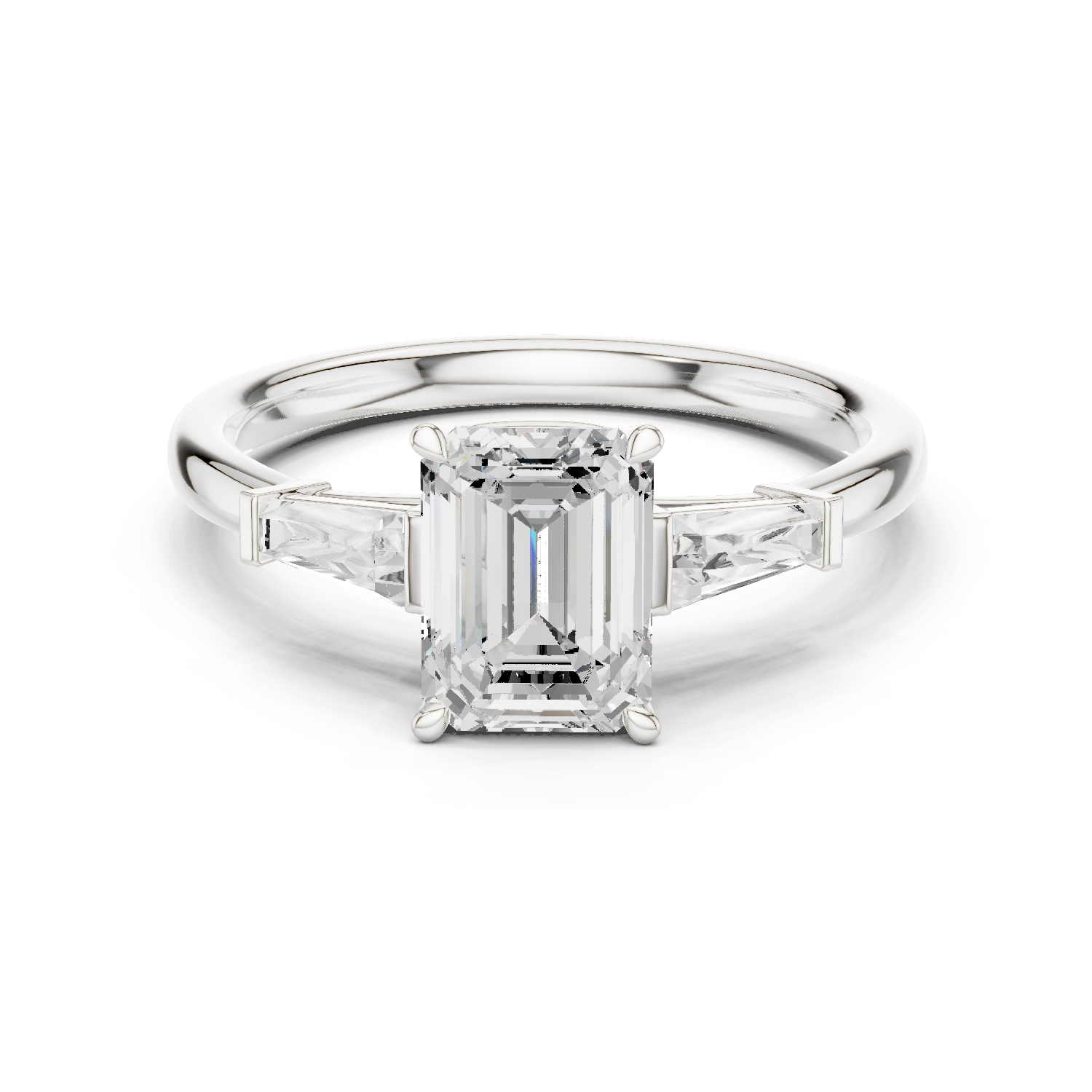 Emerald Cut Three Stone Diamond Engagement Ring with Tapered Baguette Side Stones