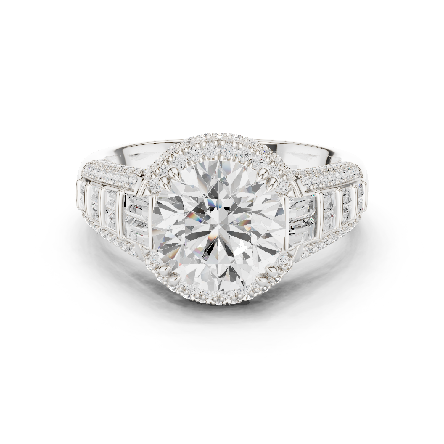 Round Cut Diamond Double Halo Baguette Engagement Ring