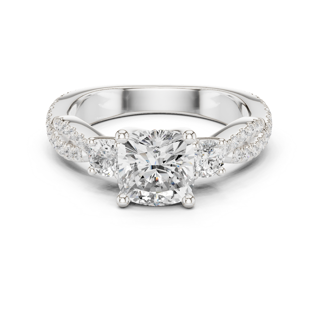 Cushion Cut Three Stone Twisted Pavé Diamond Engagement Ring