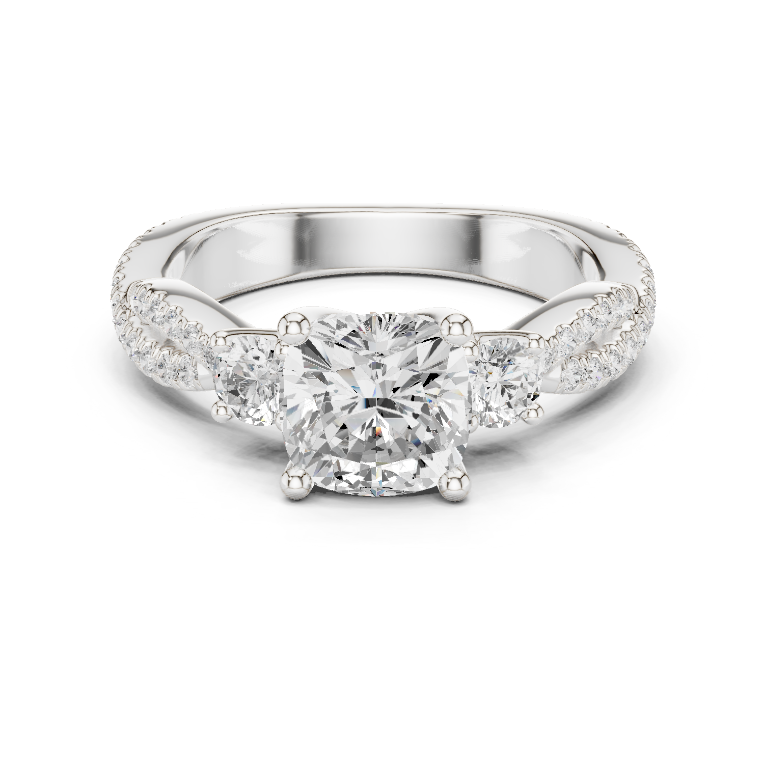 Cushion Cut Three Stone Twisted Pavé Diamond Engagement Ring