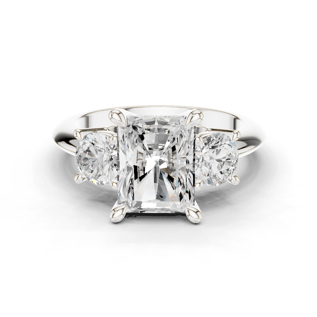 Radiant Three Stone Diamond Engagement Ring with Round Side Stones