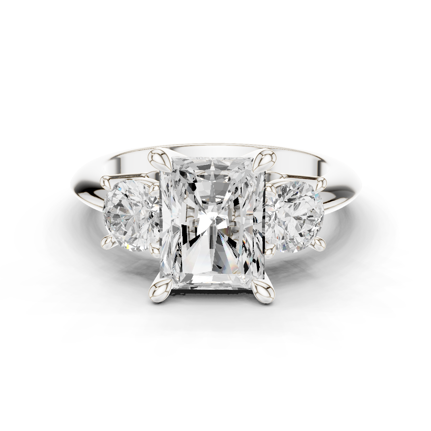 Radiant Three Stone Diamond Engagement Ring with Round Side Stones