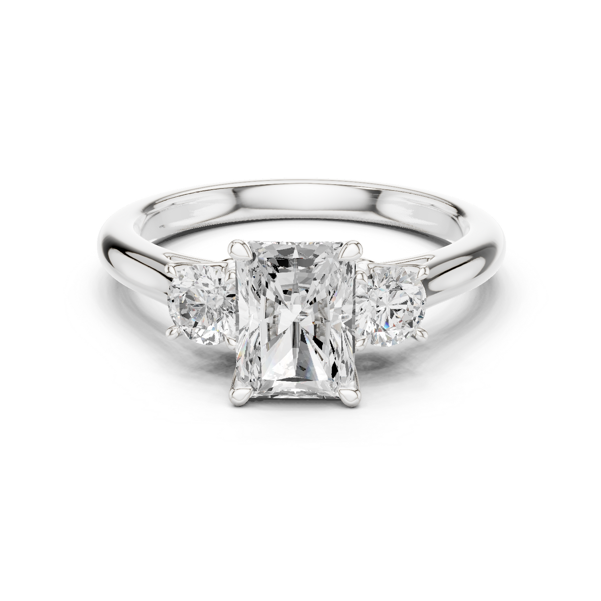 Radiant Cut Three Stone Diamond with Round Side Stones Engagement Ring — Jewelix Atelier