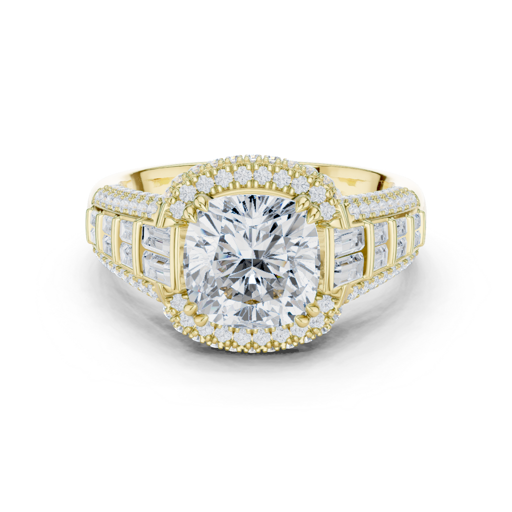 Cushion Cut Diamond Double Halo Baguette Engagement Ring