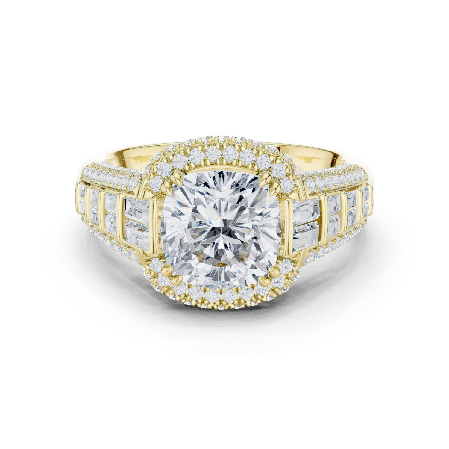Cushion Cut Diamond Double Halo Baguette Engagement Ring