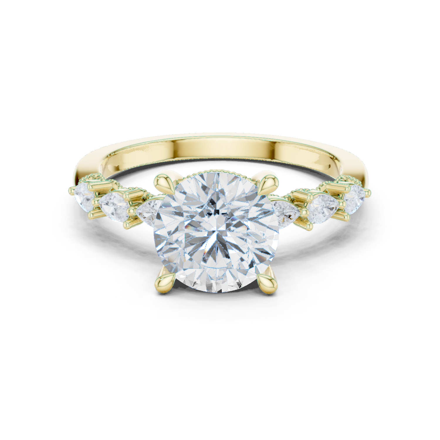 Round Brilliant Diamond Three-Stone Engagement Ring with Pear Side Stones