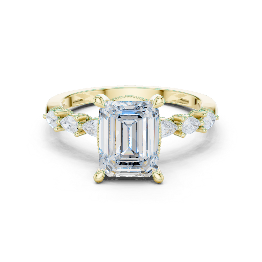 Emerald Cut Diamond Three Stone Engagement Ring with Pear Side Stones