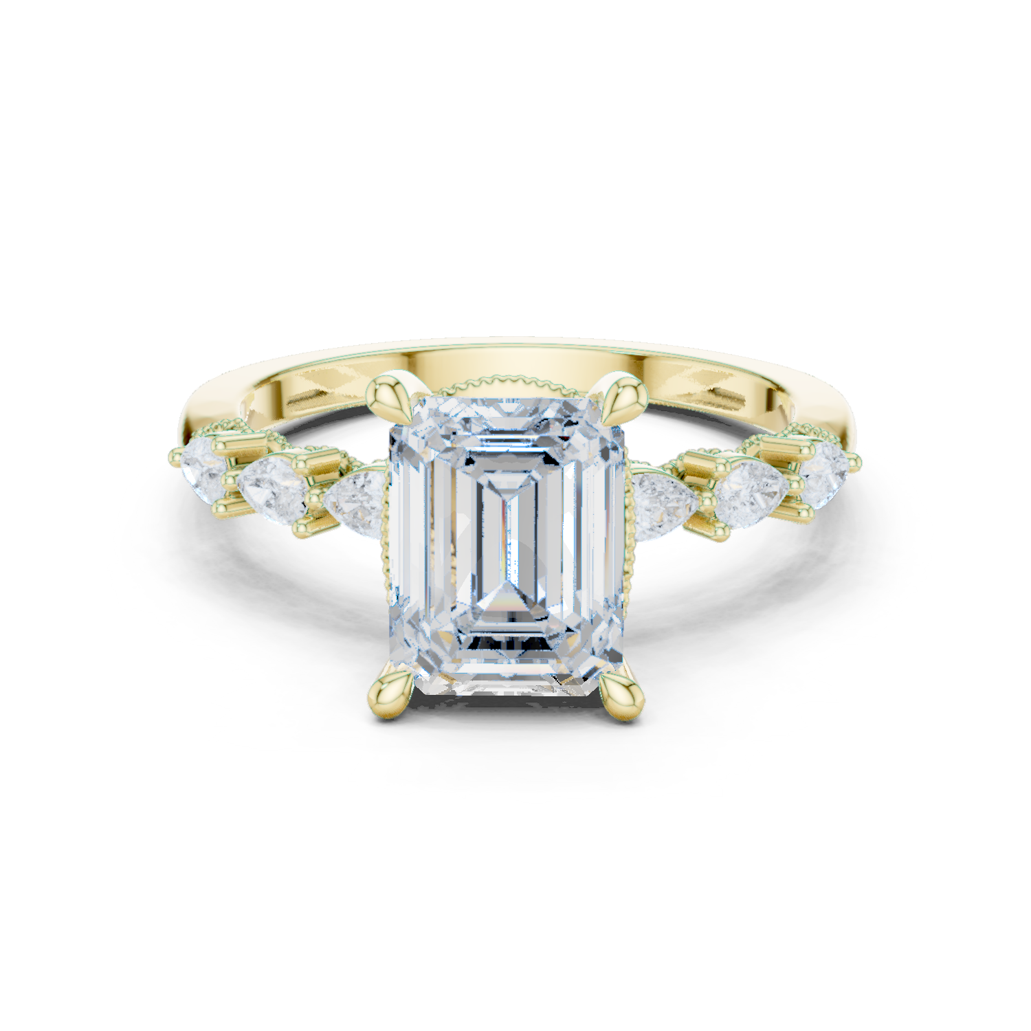 Emerald Cut Diamond Three Stone Engagement Ring with Pear Side Stones