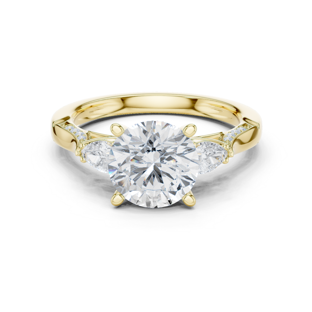 Round Brilliant Vintage Three Stone Diamond Engagement Ring with Pear Side Stones