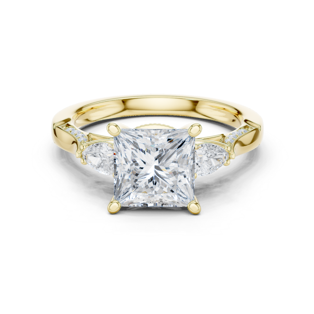 Princess Cut Vintage Three Stone Diamond Engagement Ring with Pear Side Stones