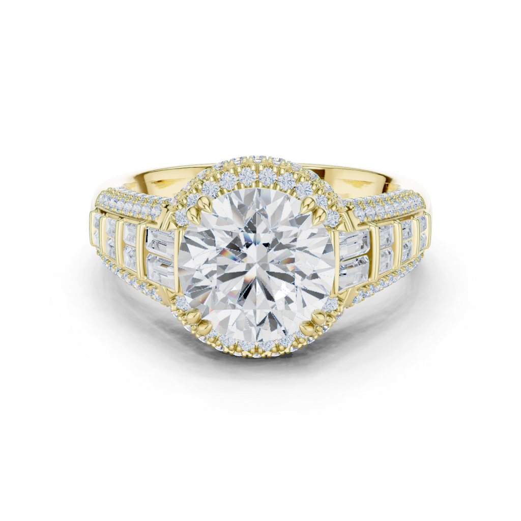 Round Cut Diamond Double Halo Baguette Engagement Ring