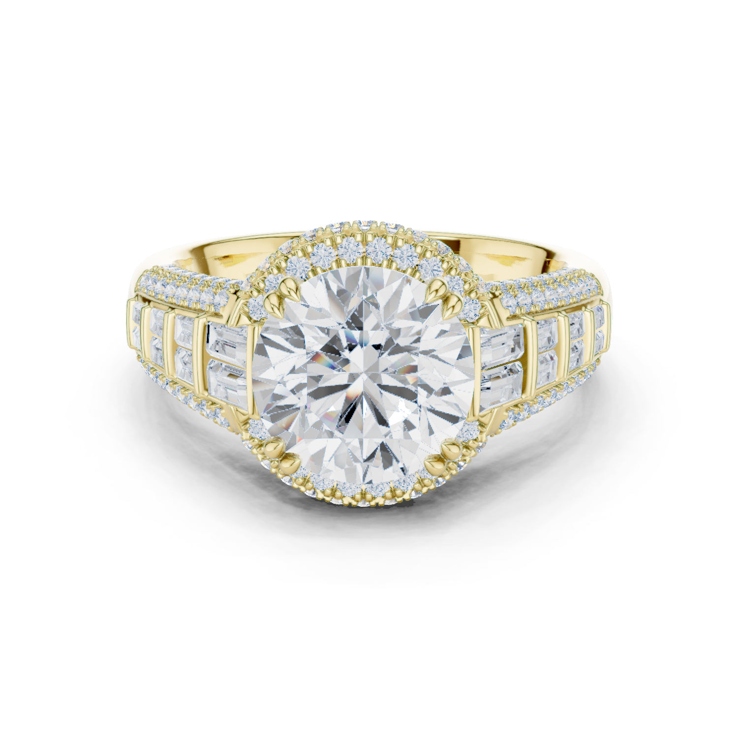 Round Cut Diamond Double Halo Baguette Engagement Ring