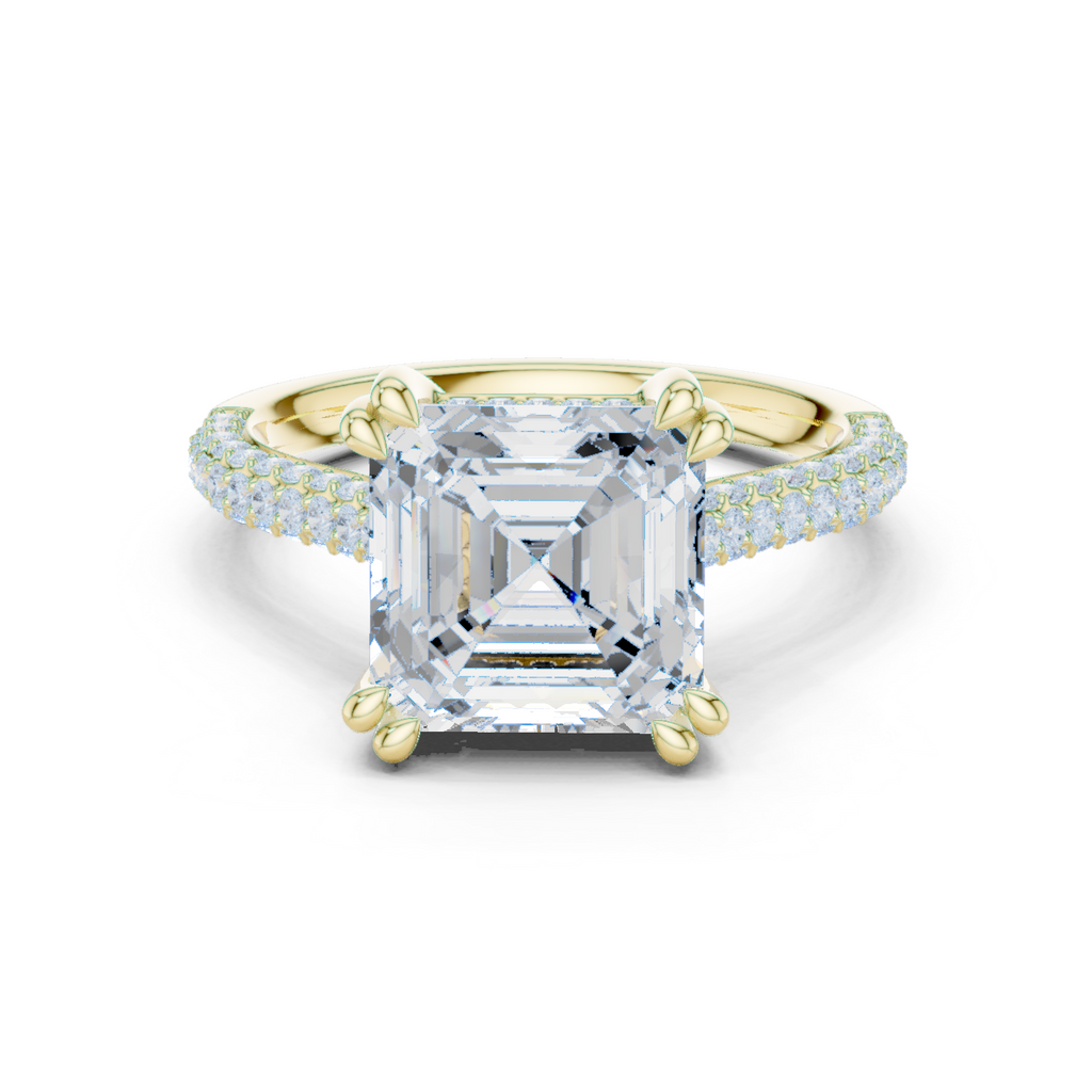 Asscher Cut Hidden Halo Diamond Engagement Ring with Double Pavé Band