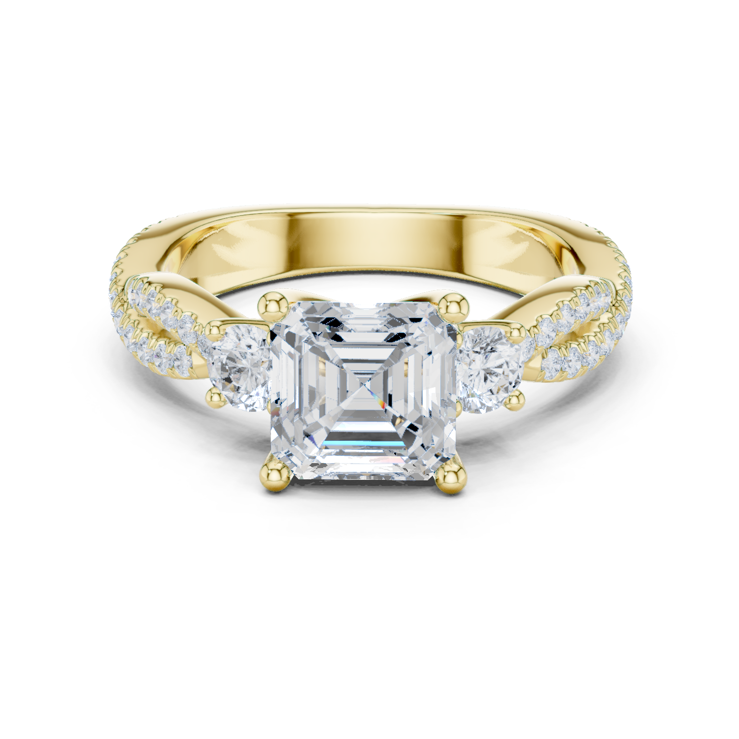Asscher Cut Three Stone Twisted Pavé Diamond Engagement Ring