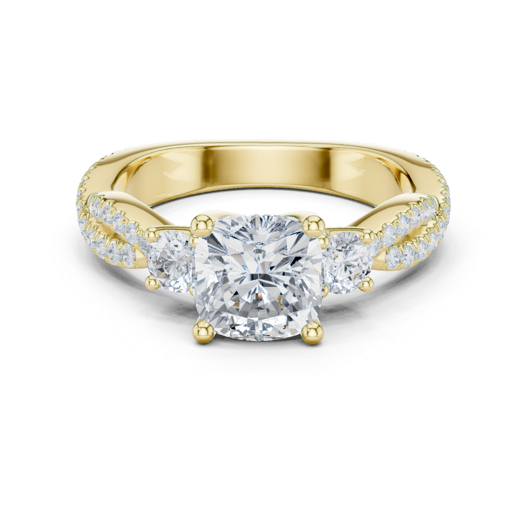 Cushion Cut Three Stone Twisted Pavé Diamond Engagement Ring