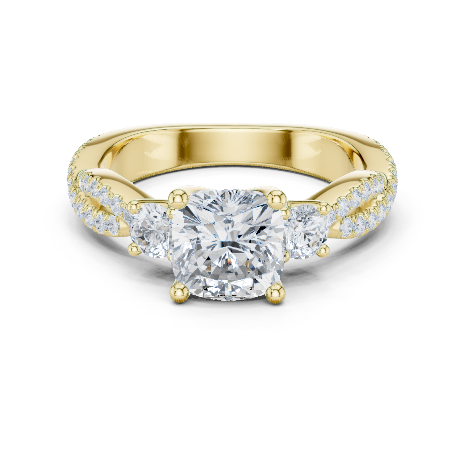 Cushion Cut Three Stone Twisted Pavé Diamond Engagement Ring