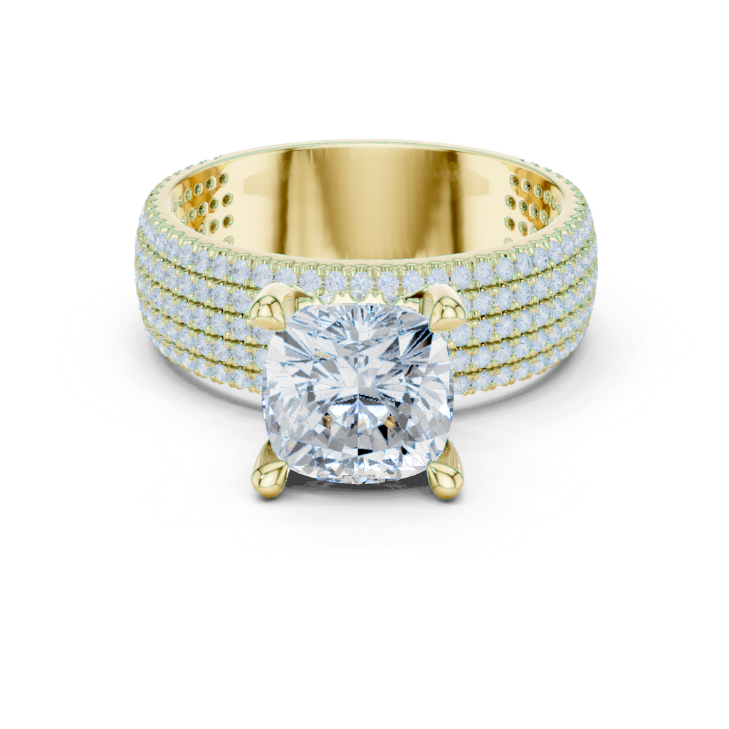 Cushion Cut Diamond Hidden Halo Multi-Row Pavé Engagement Ring