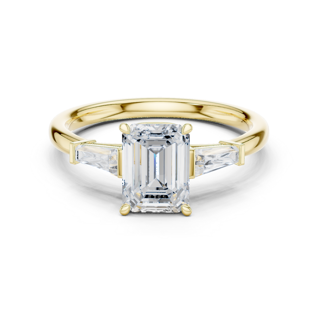 Emerald Cut Three Stone Diamond Engagement Ring with Tapered Baguette Side Stones