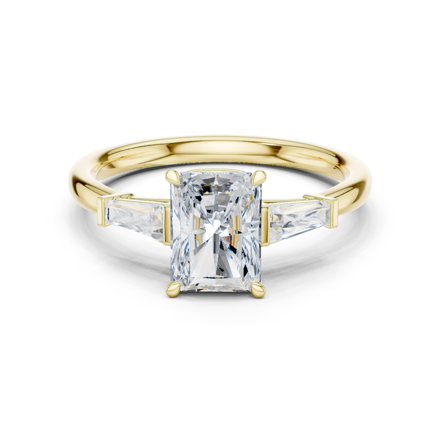 Radiant Cut Three Stone Diamond Engagement Ring with Tapered Baguette Side Stones