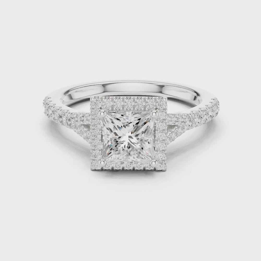 Princess Cut Halo Engagement Ring with Pavé Diamond Band