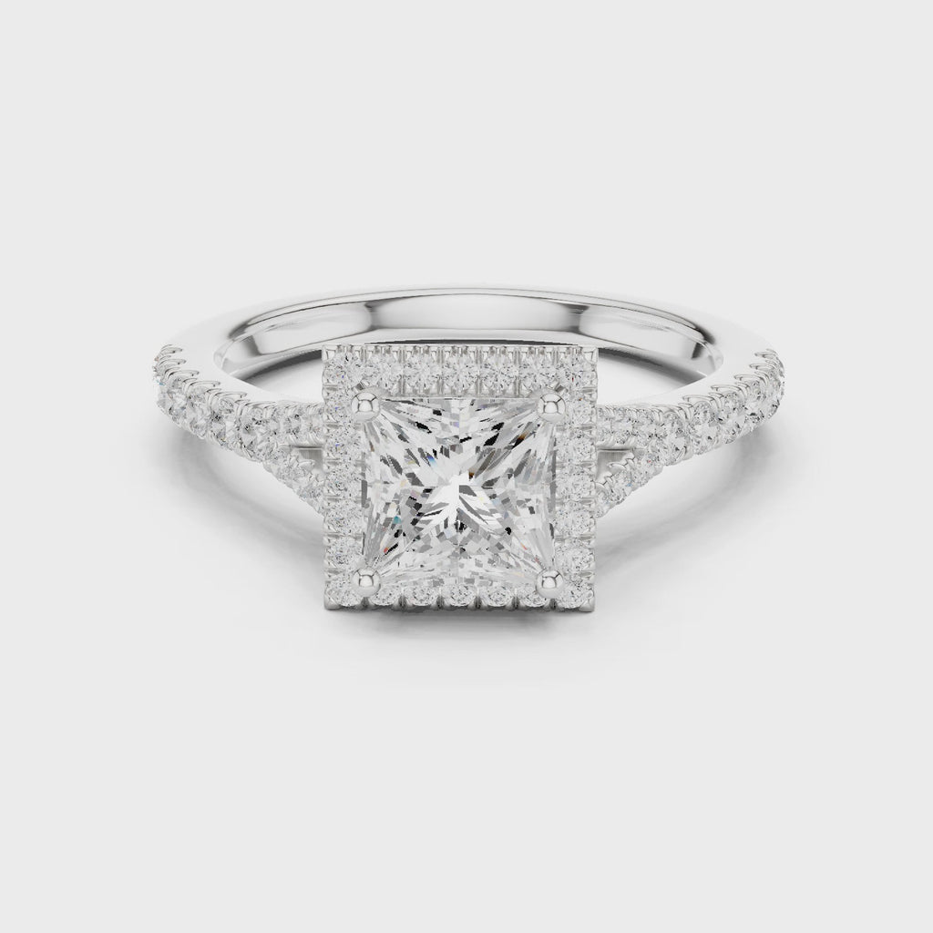 Princess Cut Halo Engagement Ring with Pavé Diamond Band