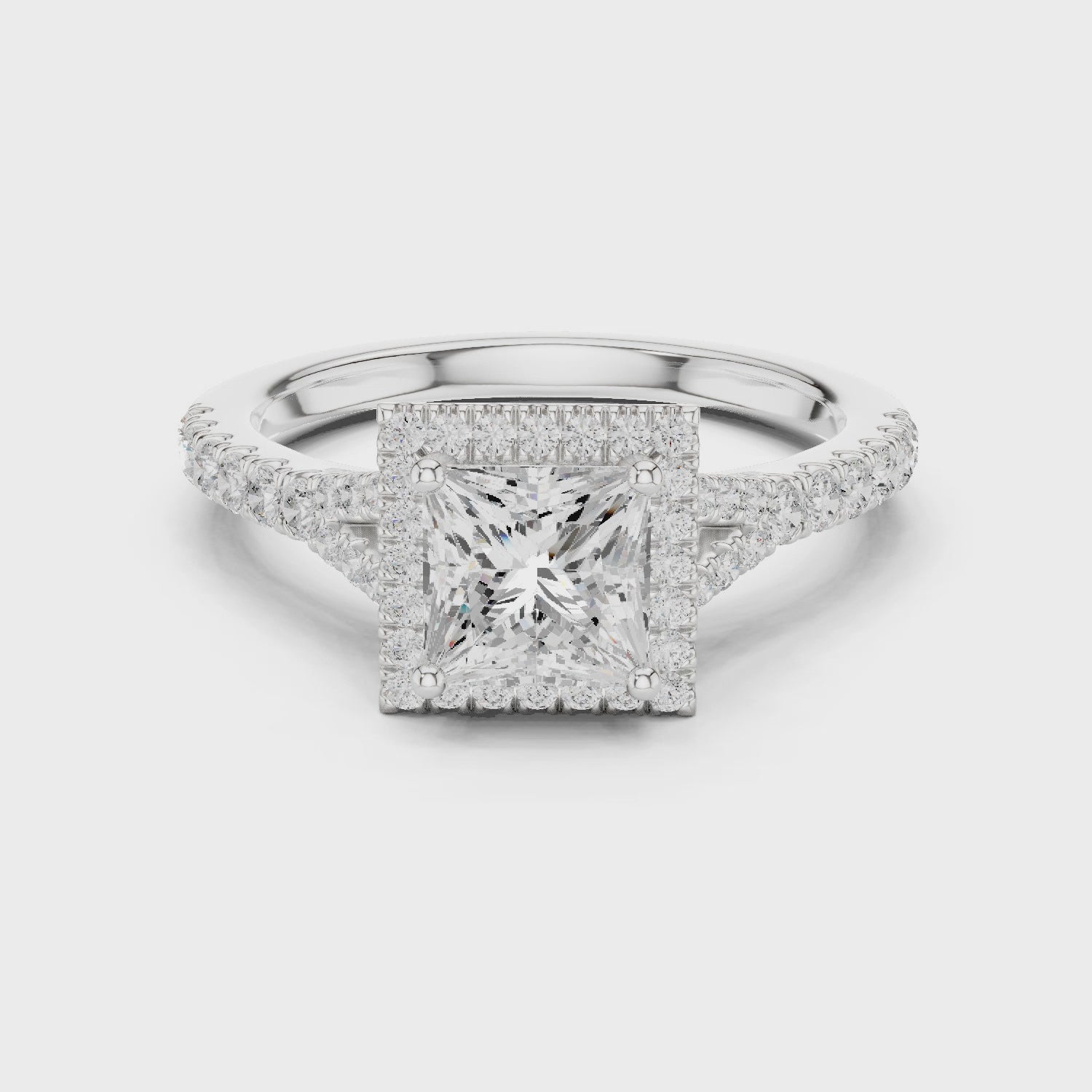 Princess Cut Halo Engagement Ring with Pavé Diamond Band