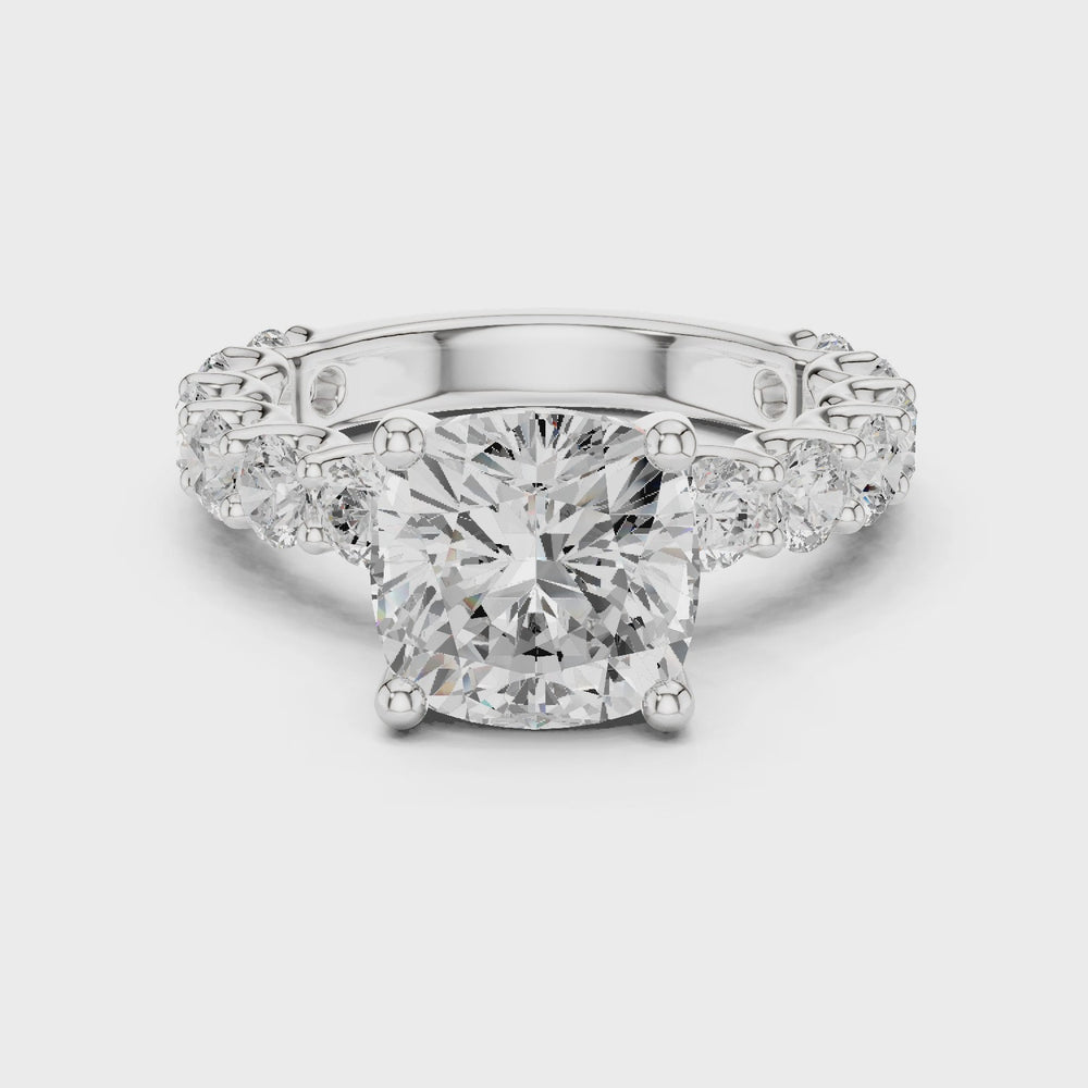 Cushion Cut Eternity Engagement Ring with Double Row Diamond Band