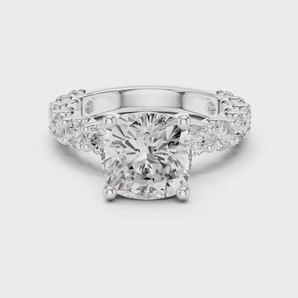 Cushion Cut Eternity Engagement Ring with Double Row Diamond Band