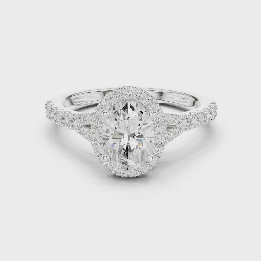 Oval Cut Halo Engagement Ring with Pavé Diamond Band