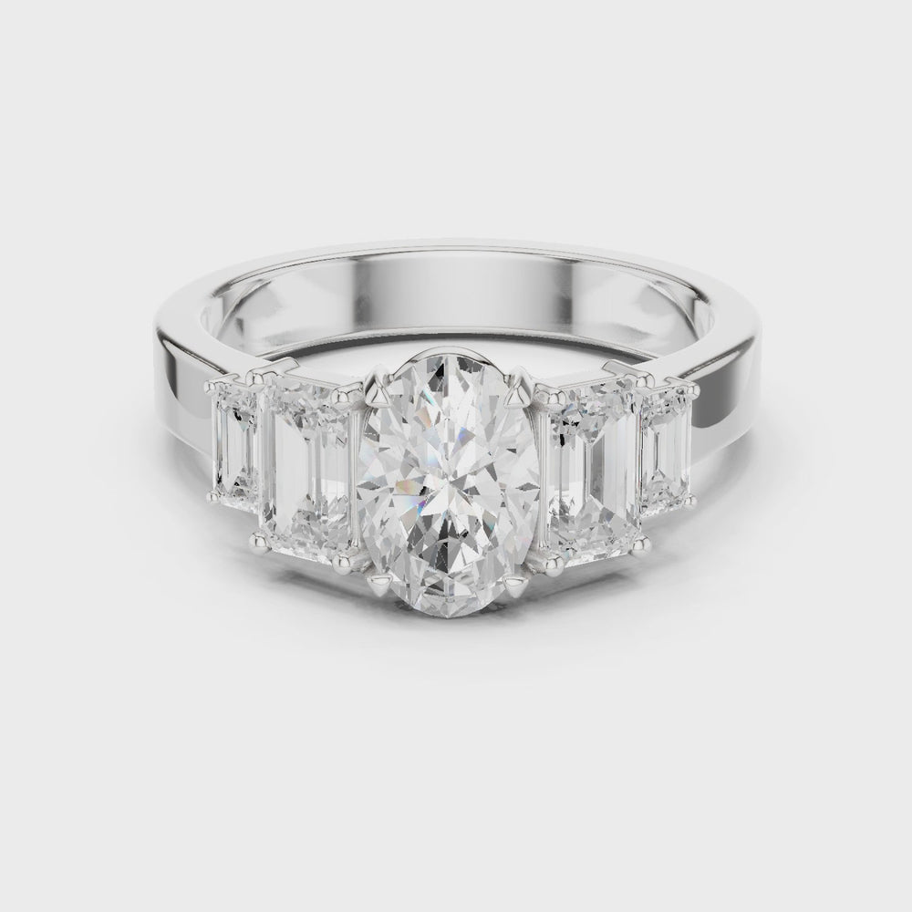 Oval & Emerald Cut Three Stone Diamond Engagement Ring
