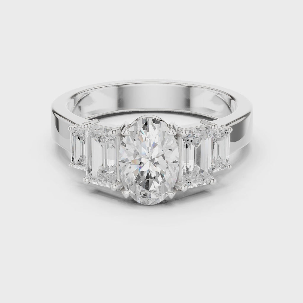 Oval & Emerald Cut Three Stone Diamond Engagement Ring