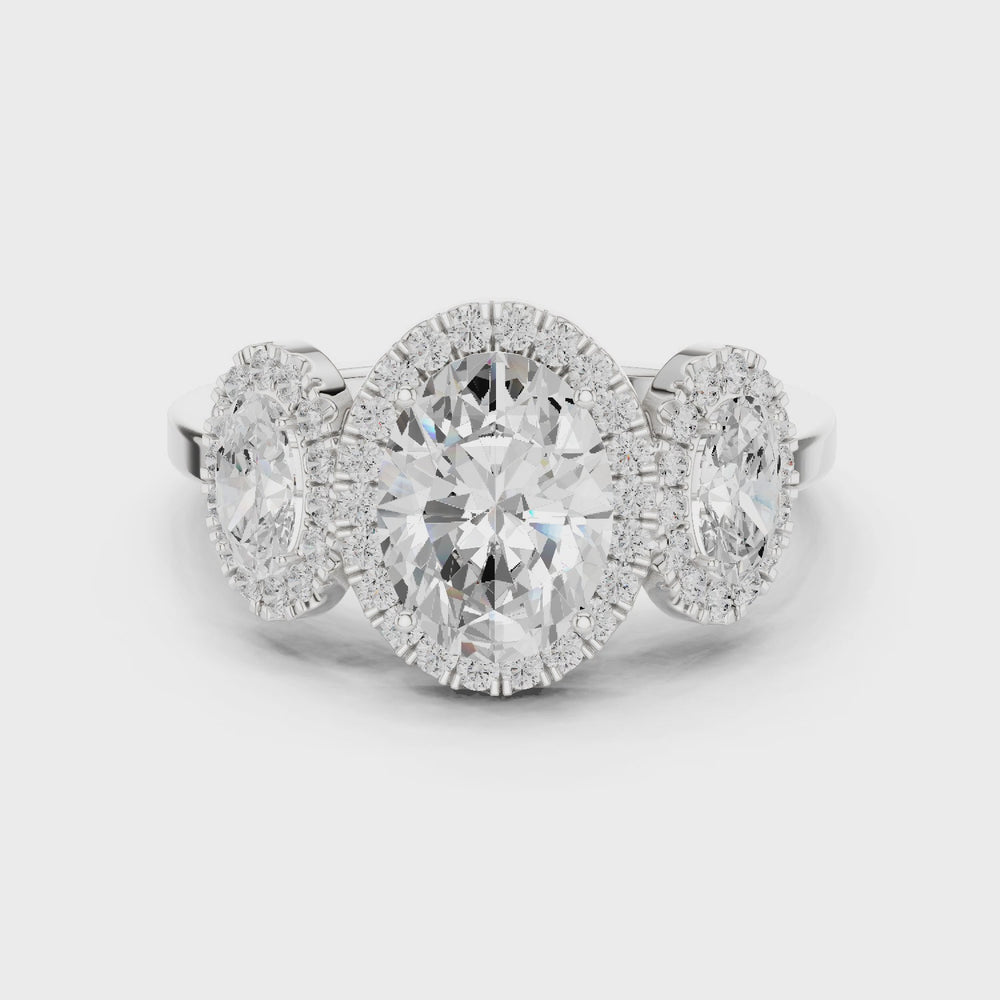 Oval Three Stone Halo Diamond Engagement Ring