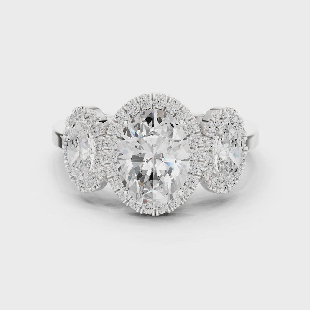 Oval Three Stone Halo Diamond Engagement Ring
