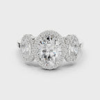 Oval Three Stone Halo Diamond Engagement Ring