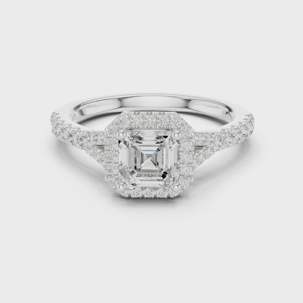 Vintage Asscher Cut Halo Engagement Ring with Pavé Band