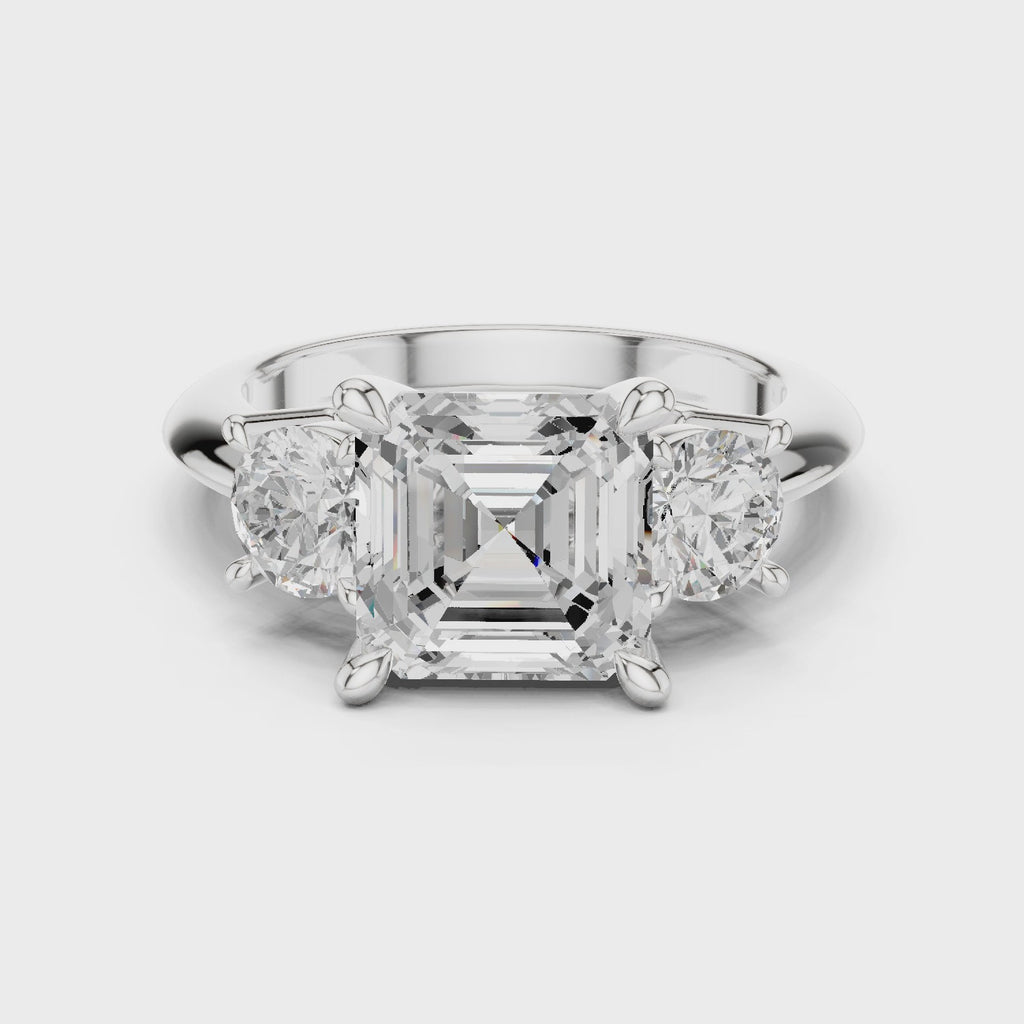 Asscher Cut Three Stone Diamond Engagement Ring