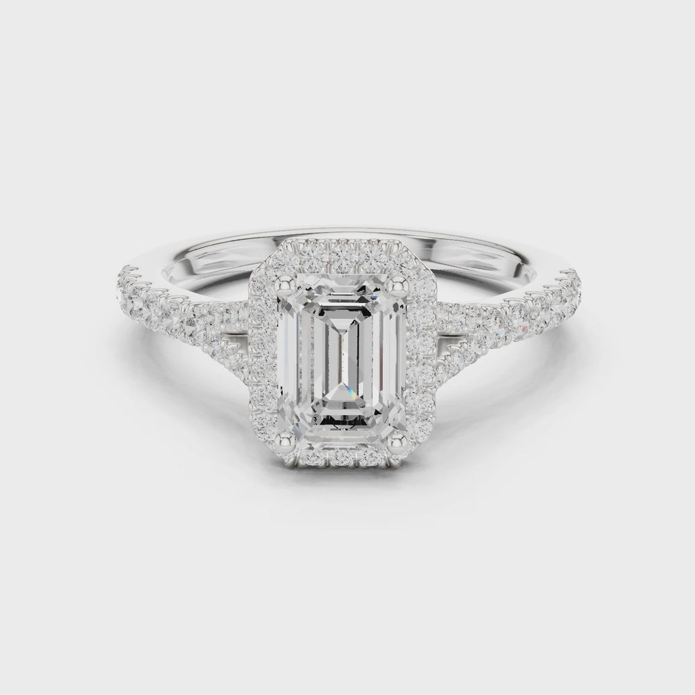 Emerald Cut Halo Engagement Ring with Pavé Diamond Band