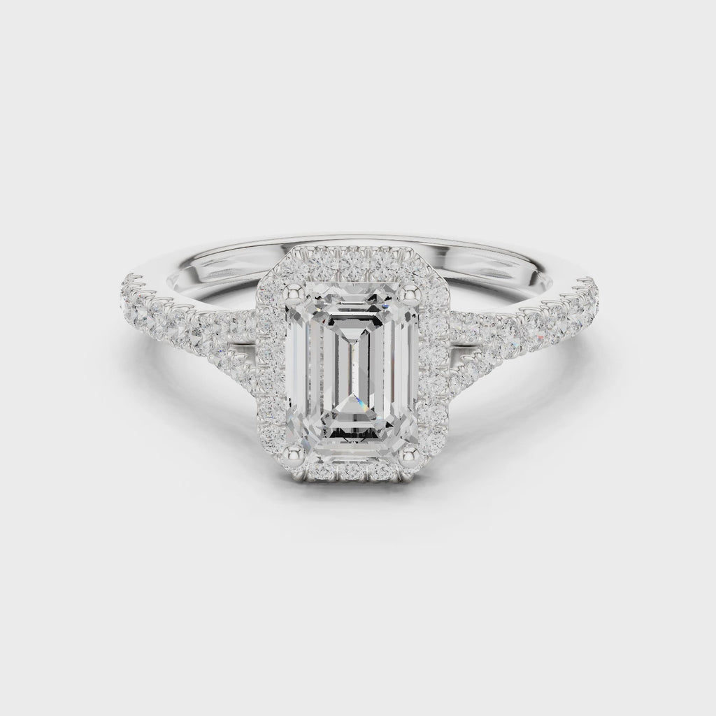 Emerald Cut Halo Engagement Ring with Pavé Diamond Band