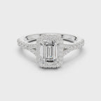 Emerald Cut Halo Engagement Ring with Pavé Diamond Band