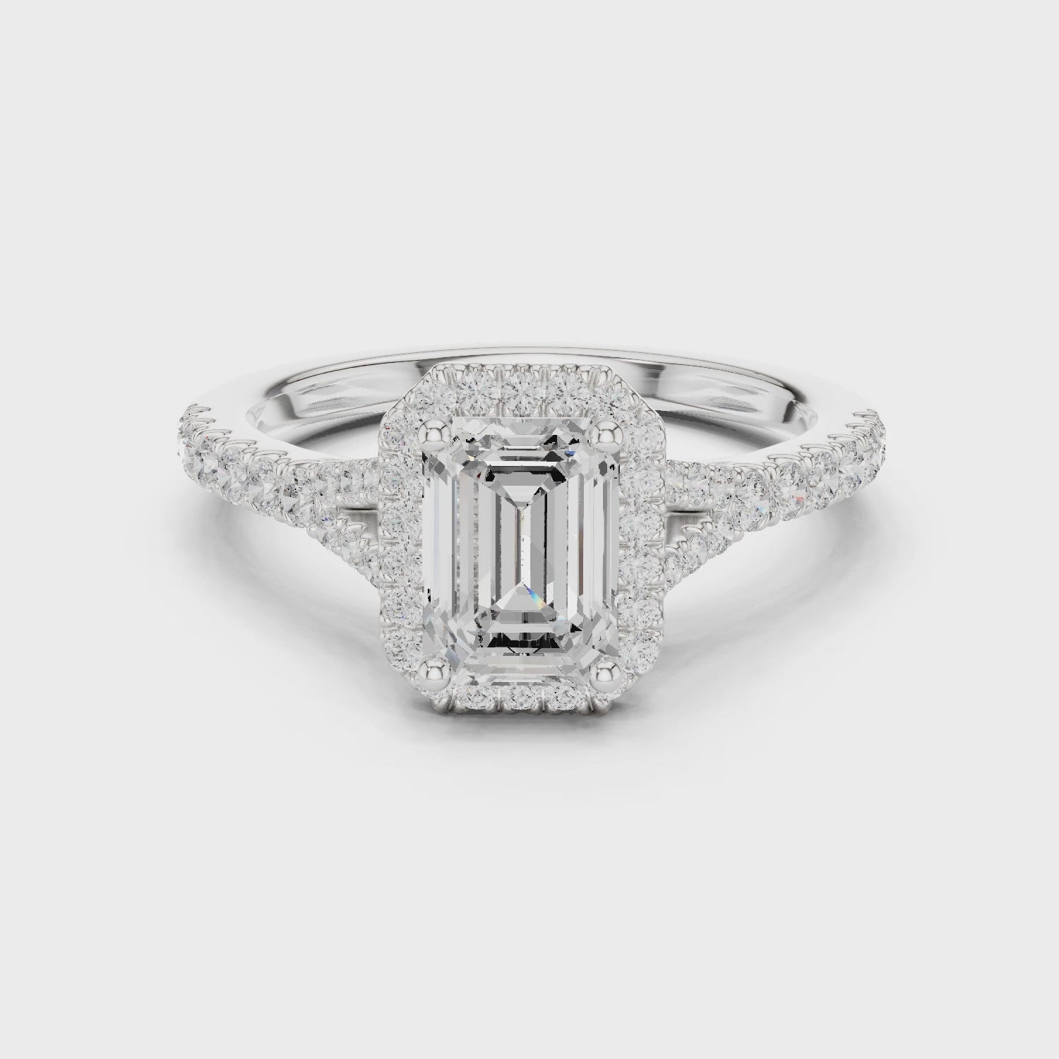 Emerald Cut Halo Engagement Ring with Pavé Diamond Band
