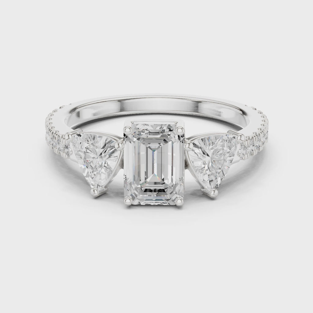 Emerald Cut Three Stone Diamond Engagement Ring with Trillion Side Stones