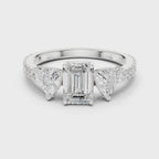 Emerald Cut Three Stone Diamond Engagement Ring with Trillion Side Stones