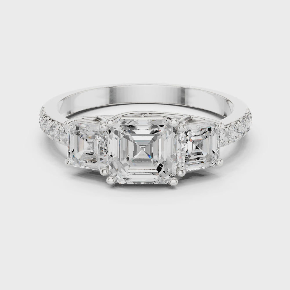 Three Stone Asscher Cut Diamond Engagement Ring with Pavé Band