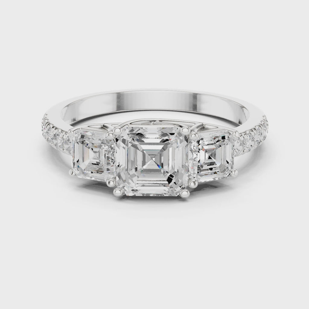 Three Stone Asscher Cut Diamond Engagement Ring with Pavé Band