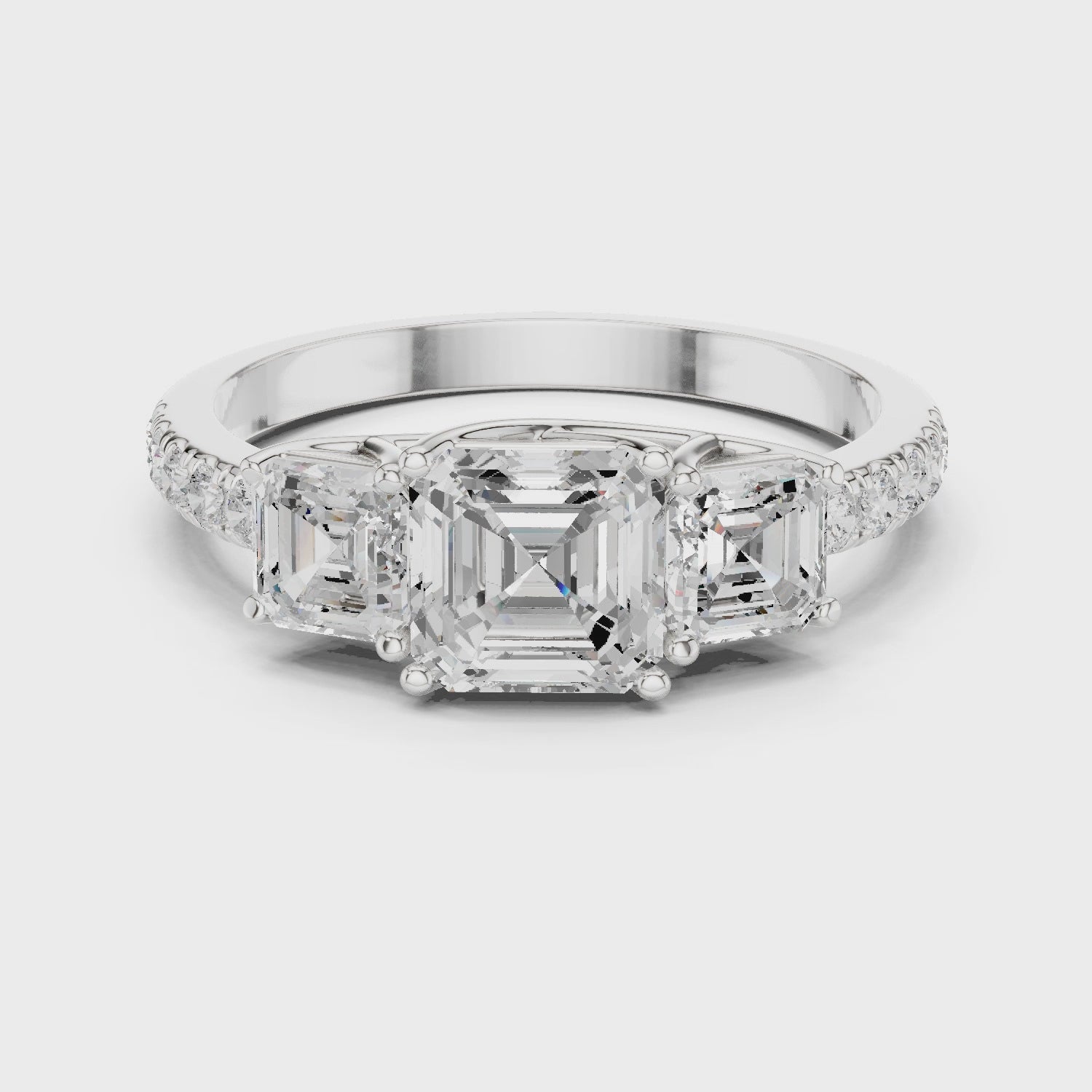 Three Stone Asscher Cut Diamond Engagement Ring with Pavé Band