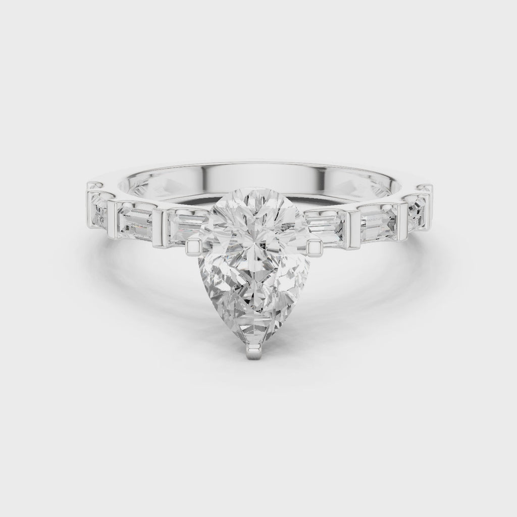 Pear Cut Baguette Diamond Engagement Ring with Modern Bar Set Band