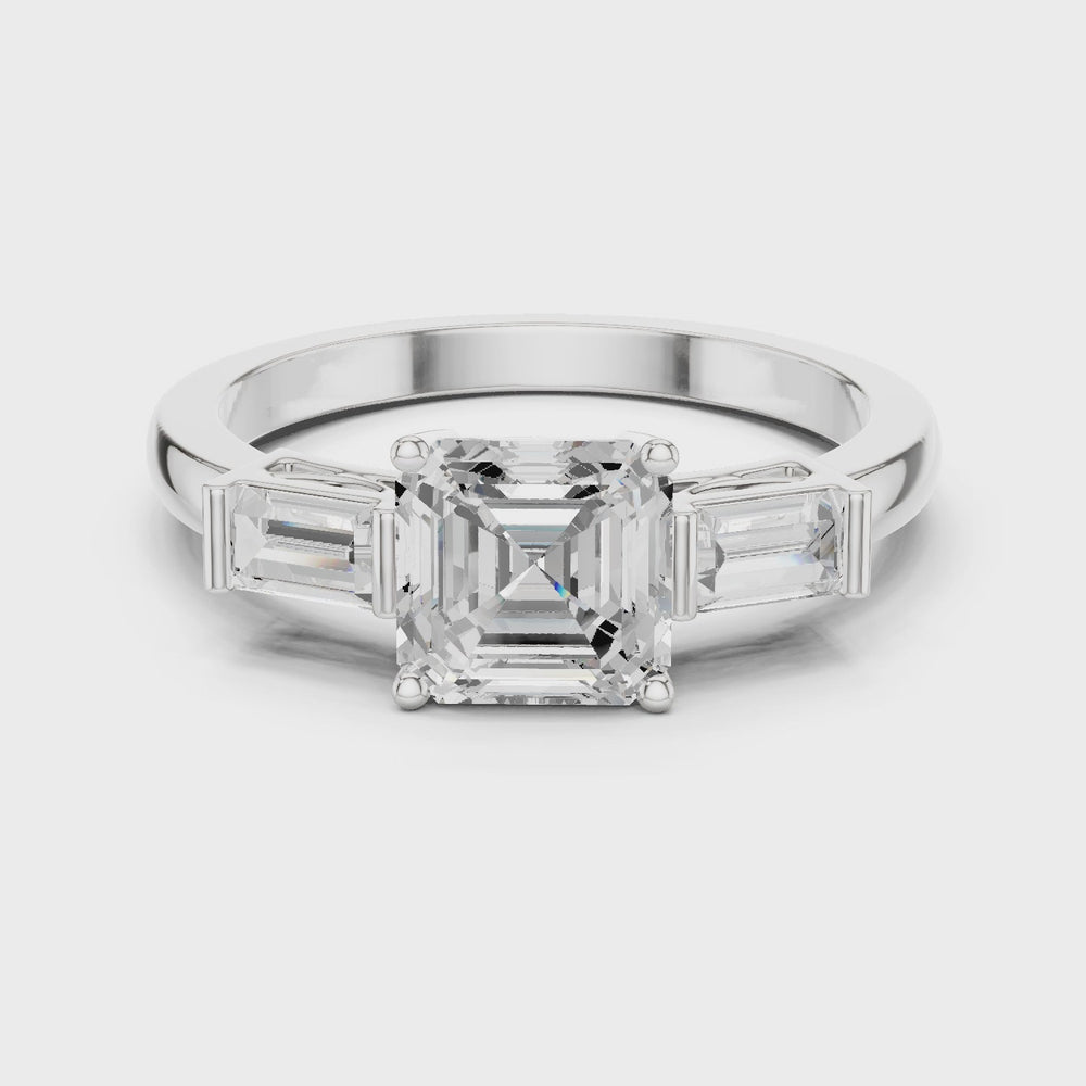 Asscher Cut Three Stone Engagement Ring with Baguette Side Stones