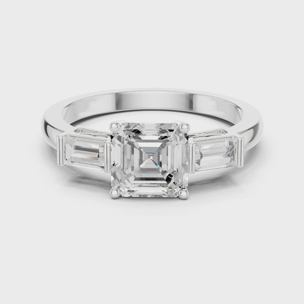 Asscher Cut Three Stone Engagement Ring with Baguette Side Stones