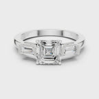 Asscher Cut Three Stone Engagement Ring with Baguette Side Stones